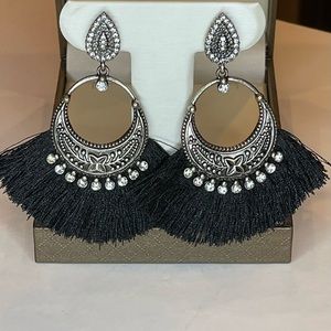 Pretty Black Fringe Earrings with Crystal Details